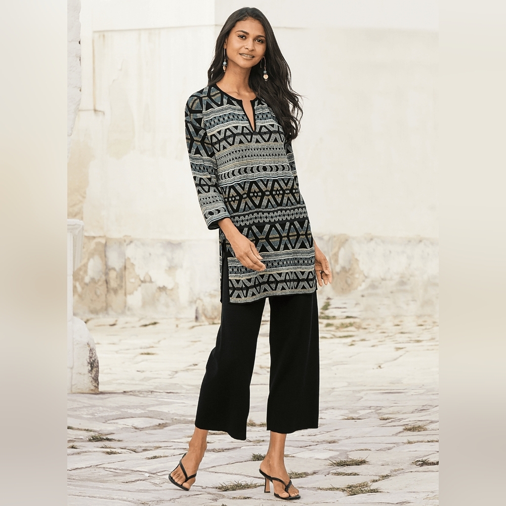 Peruvian Connection Hagen Tunic Geometric Pattern Black Side-Slit Pima Cotton L
